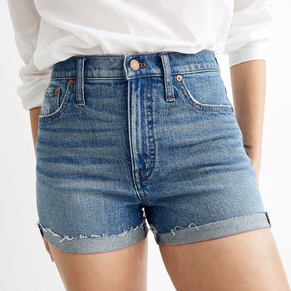 Madewell High Rise Denim Shorts Size 26 Medium Wash Cutoff Raw Hem Zip Fly - Picture 1 of 7